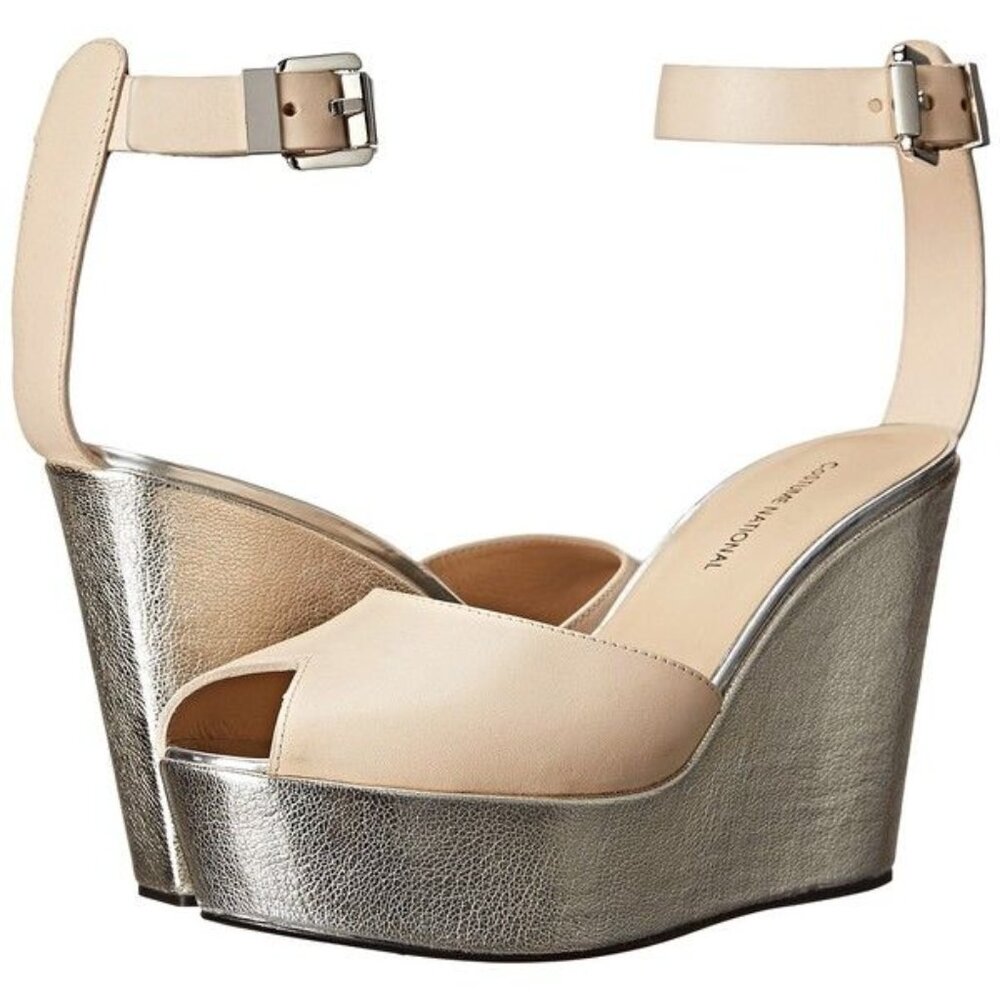 Metallic Beige Wedge Sandals Platform Ankle Strap Size 9 All Leather Ultra High